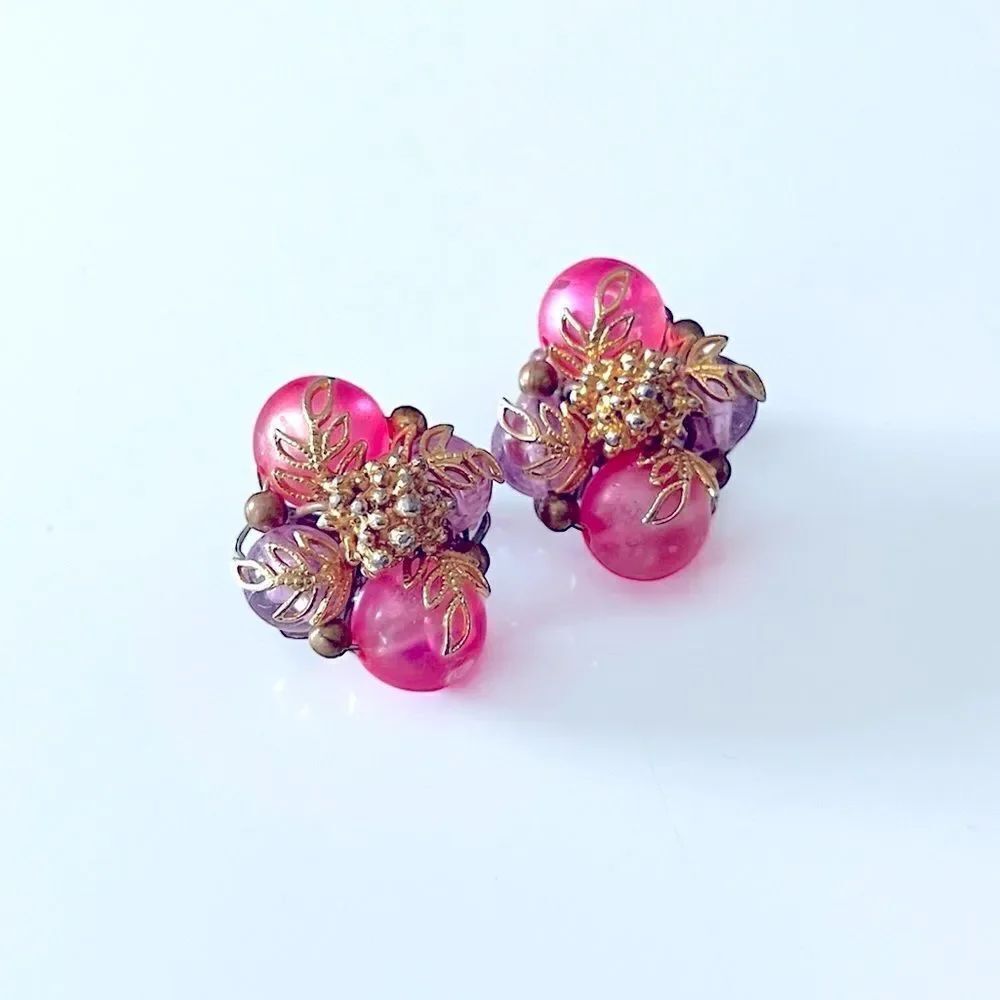 Vintage Deauville Pink Bead Clip Earrings